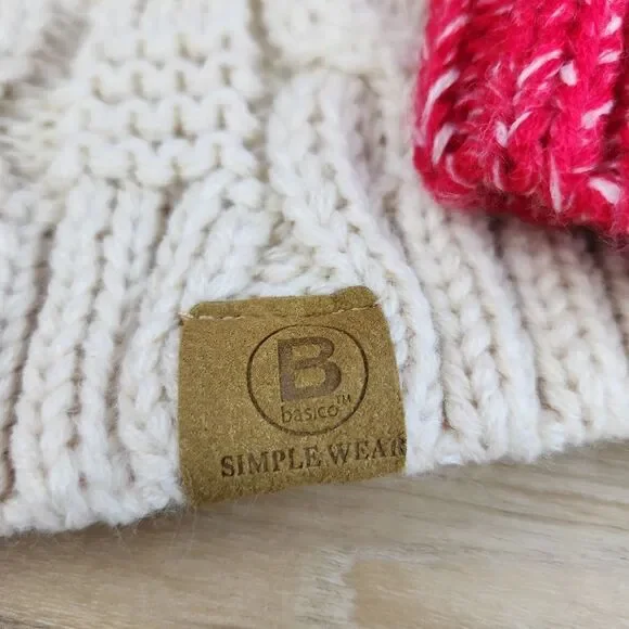 🧚‍♂️NWT Basico Beige & Red Chunky Knit Pair of Unisex Slouchy Beanie Hats - Picture 8 of 12